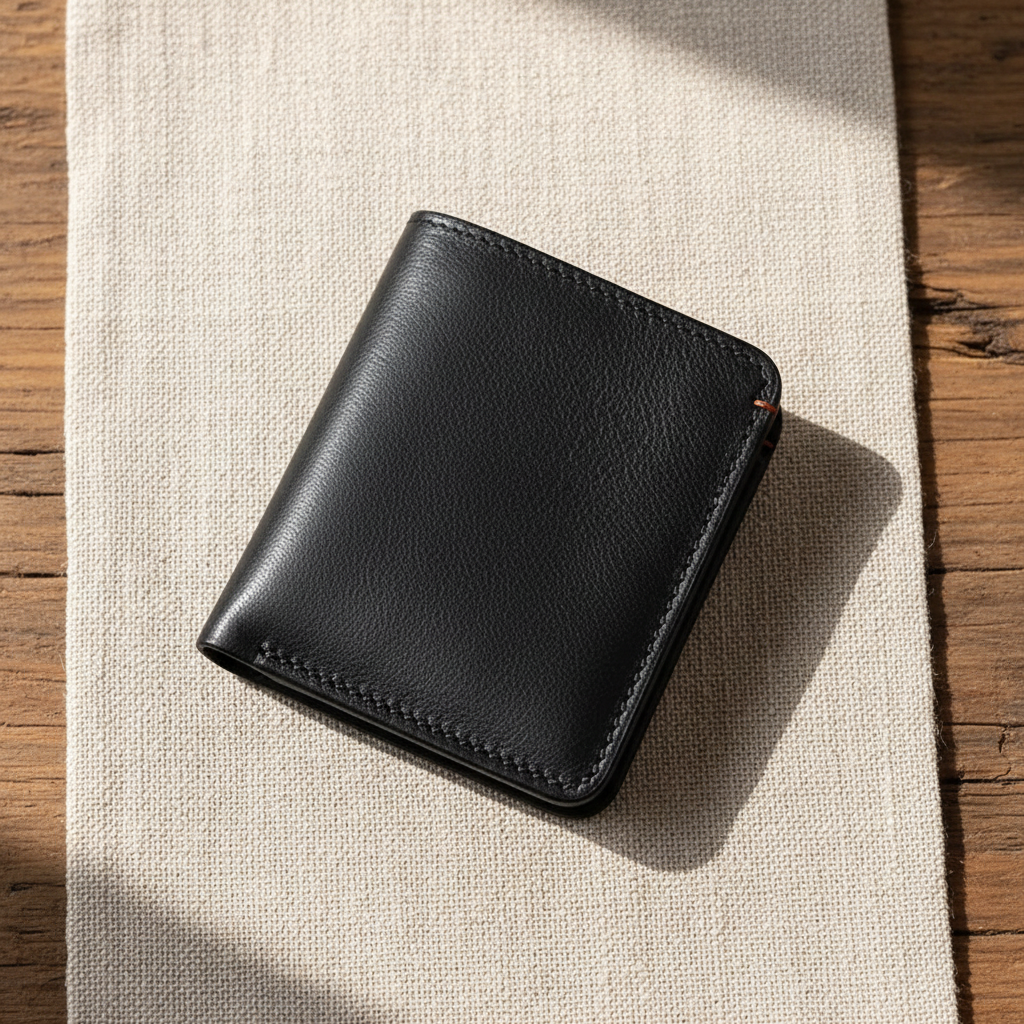 Open slim full-grain leather wallet for men, showcasing credit card slots and cash pocket.