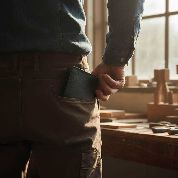Men's slim wallet fitting easily into a back pocket, highlighting portability.