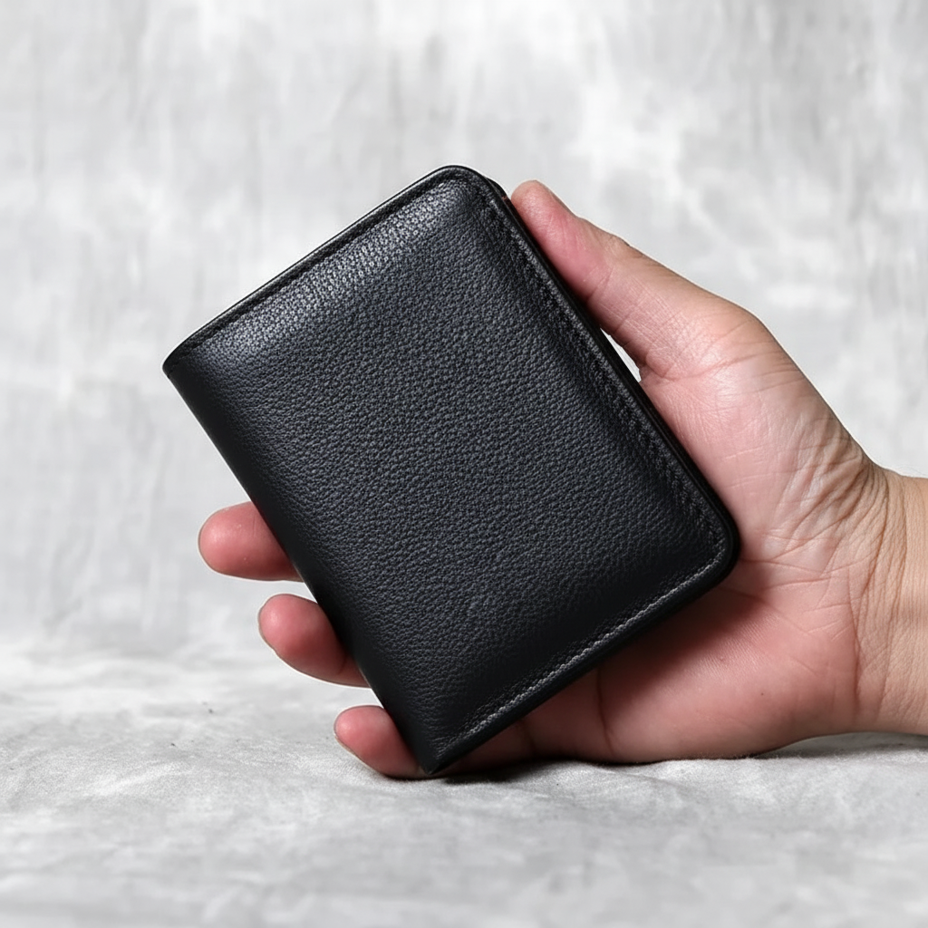 Stack of credit cards neatly organized inside a men's full-grain leather wallet.