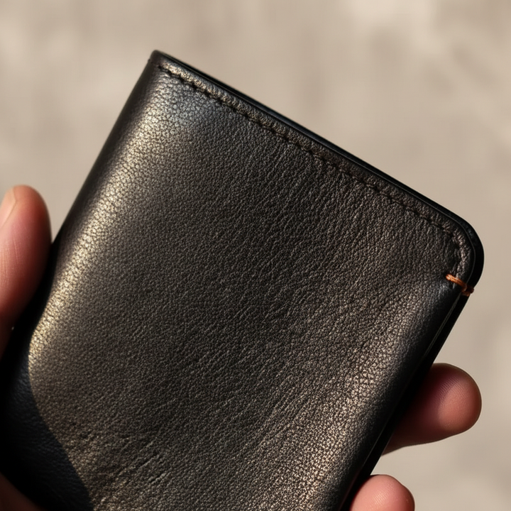 Side profile of a thin men's leather wallet, emphasizing its slim design.