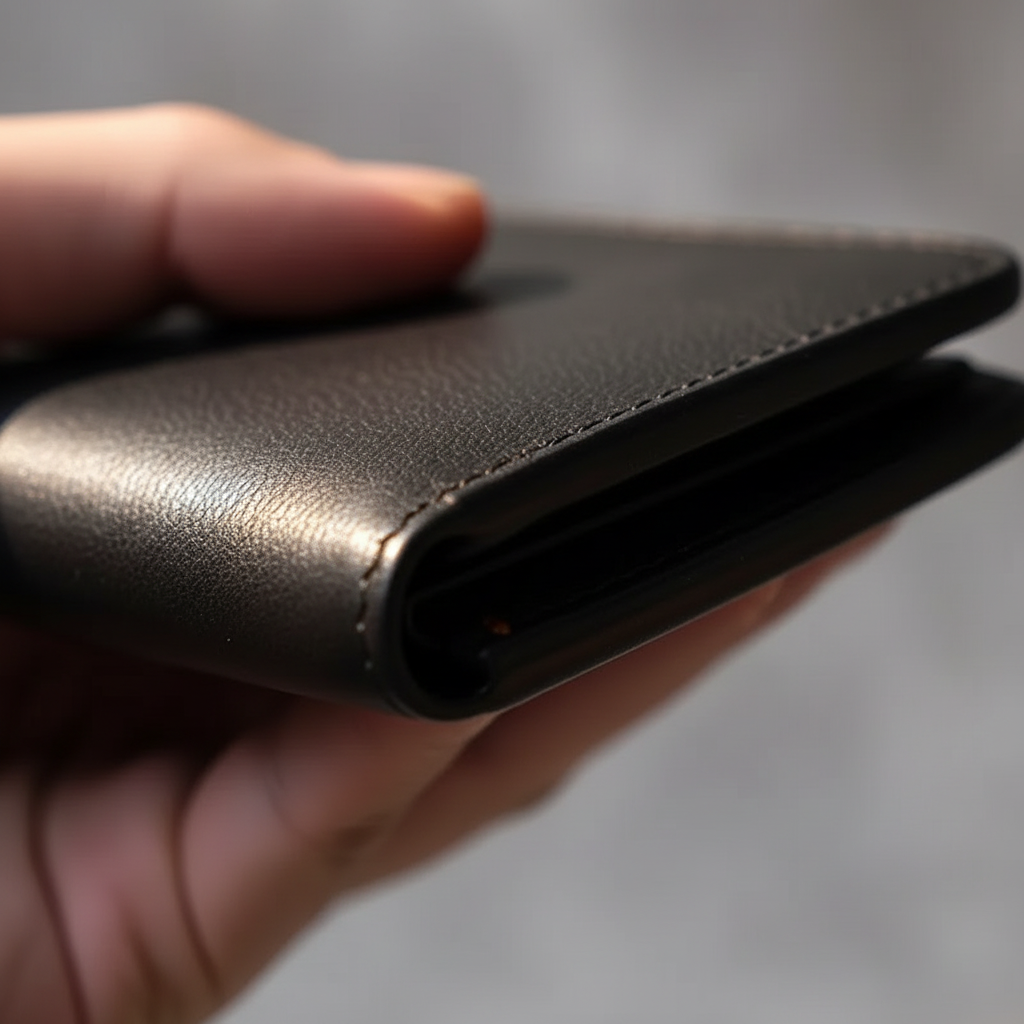 Full-grain leather wallet for men, shown on a rustic wooden everyday carry surface.