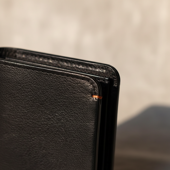 Detail of the fine stitching on the durable men's slim leather wallet.