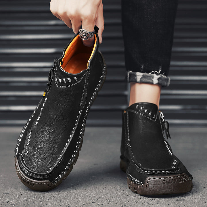 Men's comfortable black outdoor boots, tooling style with zipper, soft and breathable fabric
