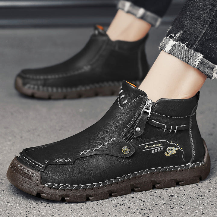 Men's breathable black outdoor boots, zipper access, tooling design for robust everyday use