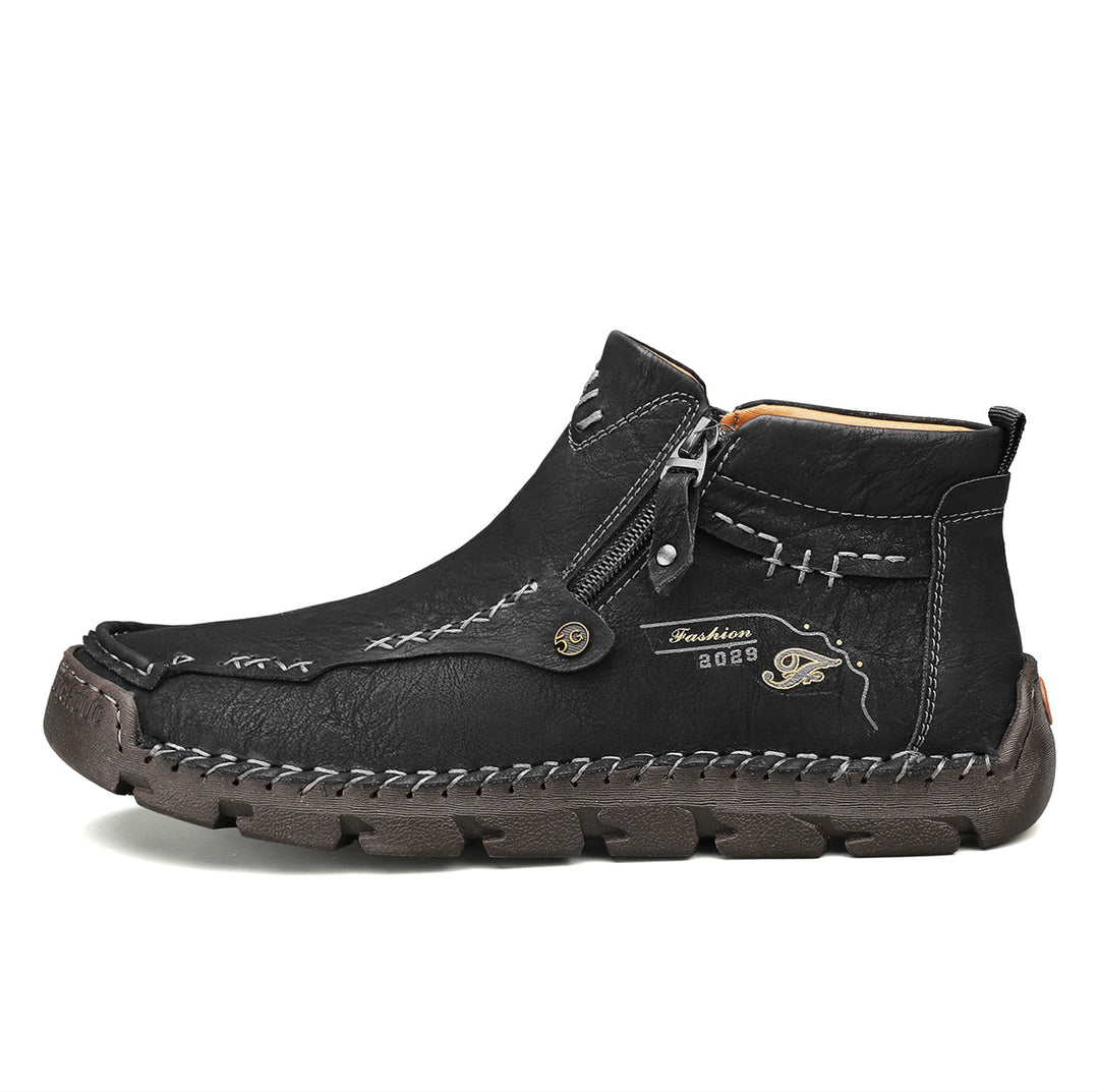 Front view of Men's Zipper Tooling Boots with breathable material, black, for outdoor activities