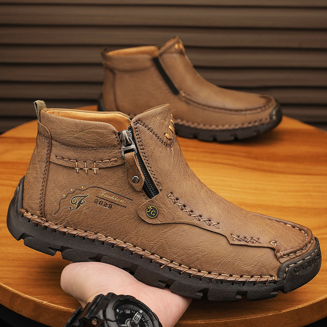 Detail shot of the breathable fabric on men's soft outdoor tooling zipper boots, black
