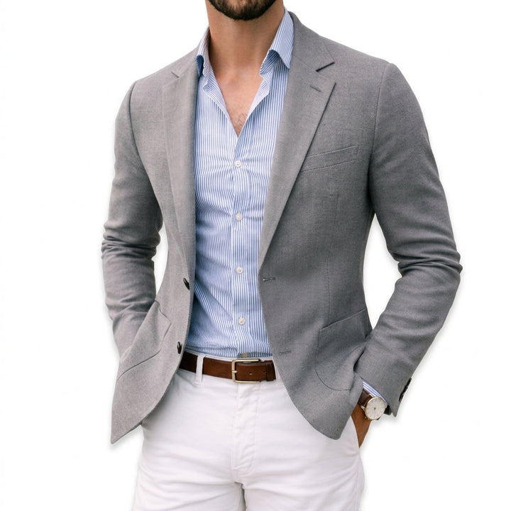 Comfortable men's knit blazer, soft tailored fit, versatile for office wear or dressy jacket style.