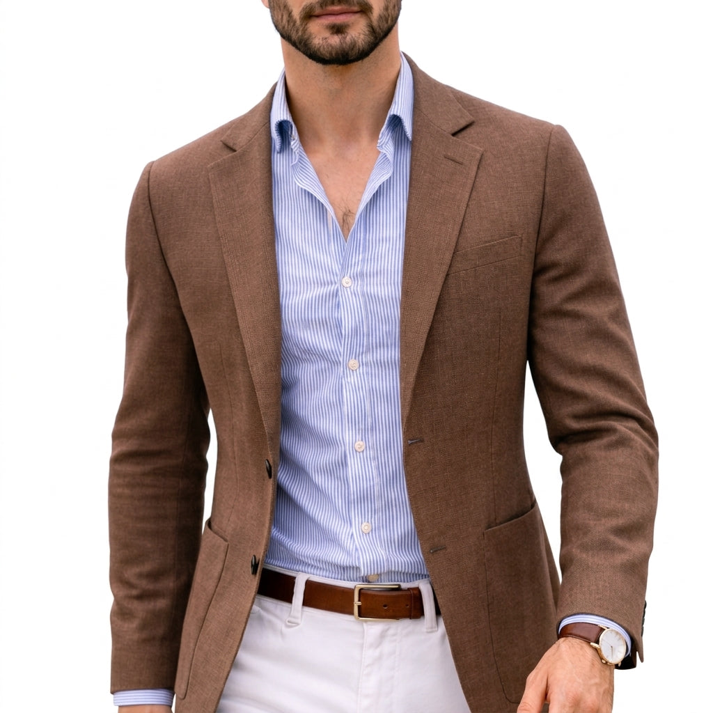 Classic elegance meets modern men's knit blazer style, tailored for a sophisticated, versatile look.