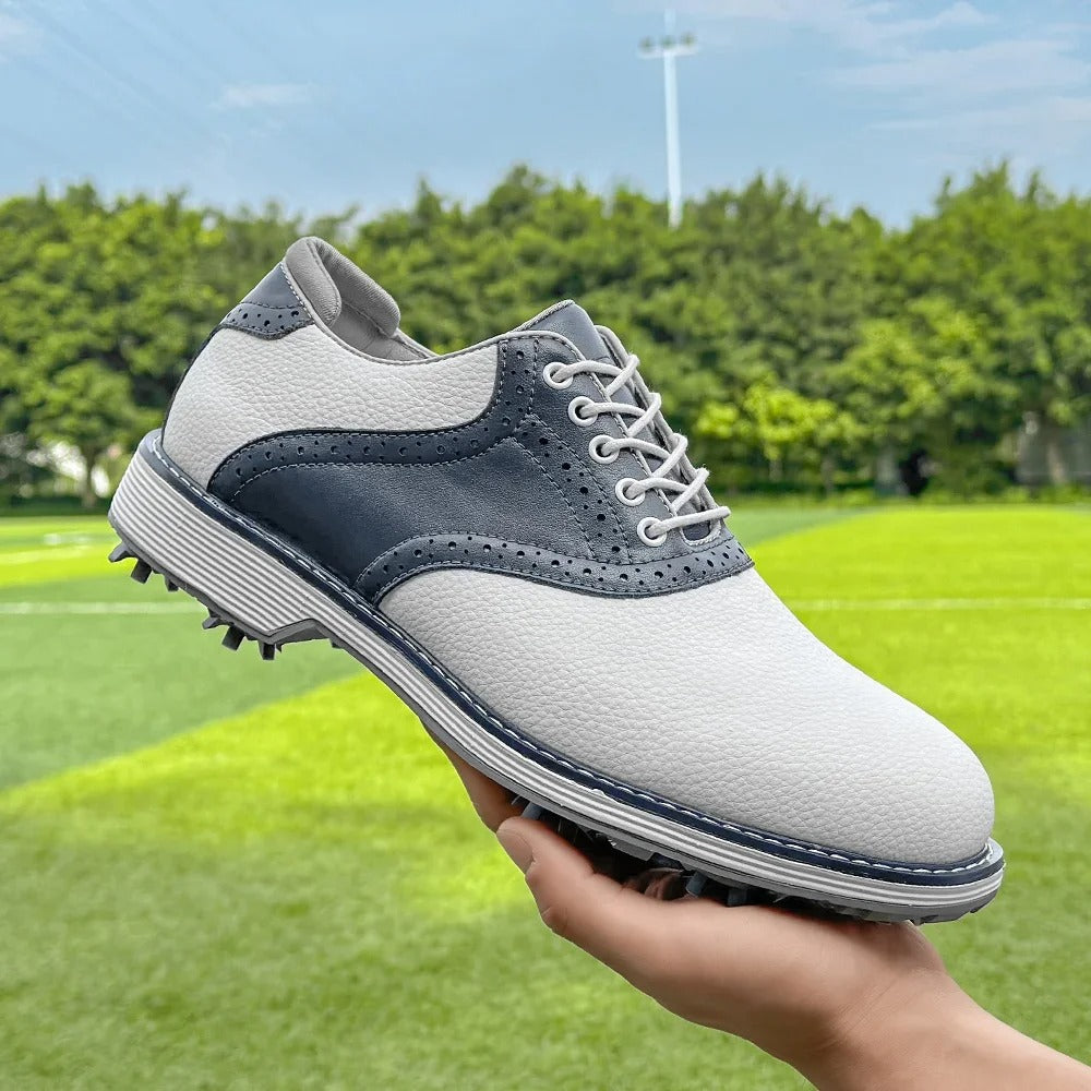 Back view of Men's Golf Brogue Shoes, highlighting heel support and spiked sole