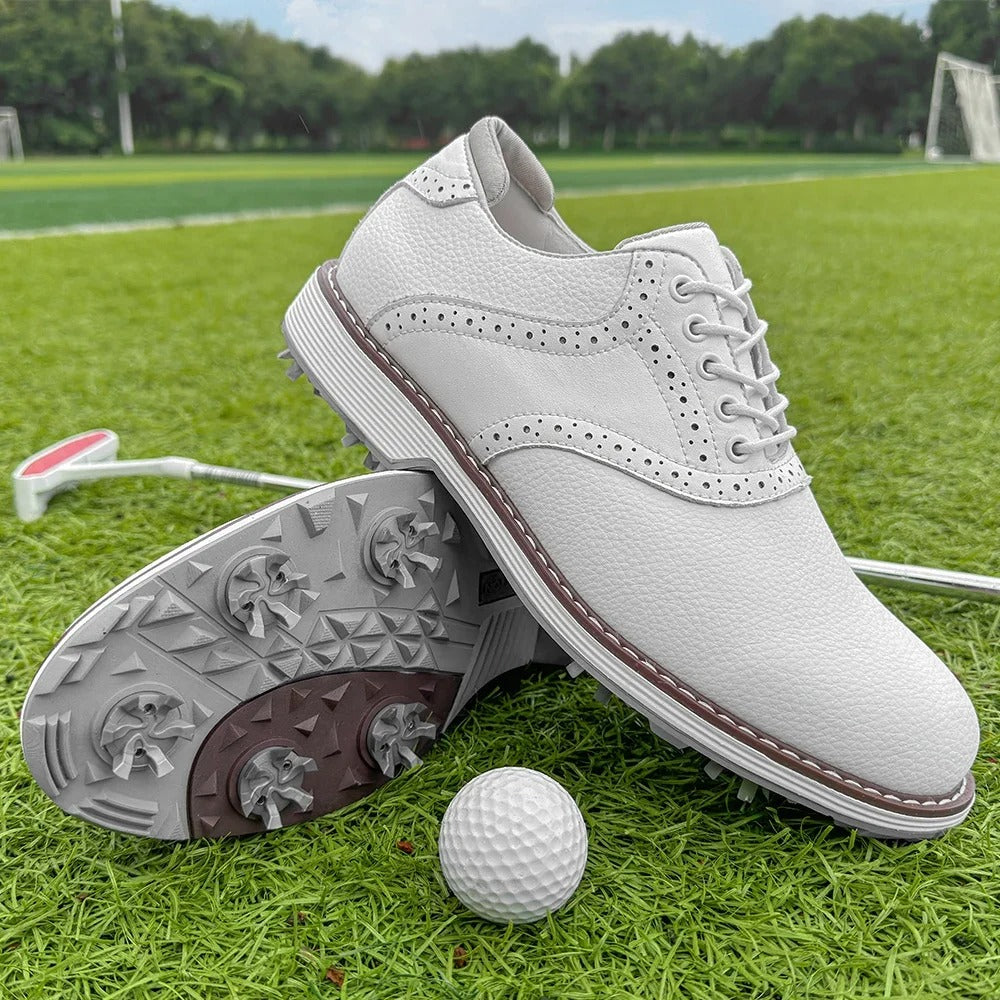 Stylish Men's Spiked Golf Brogue Shoes, black leather, perfect for athletic golfwear