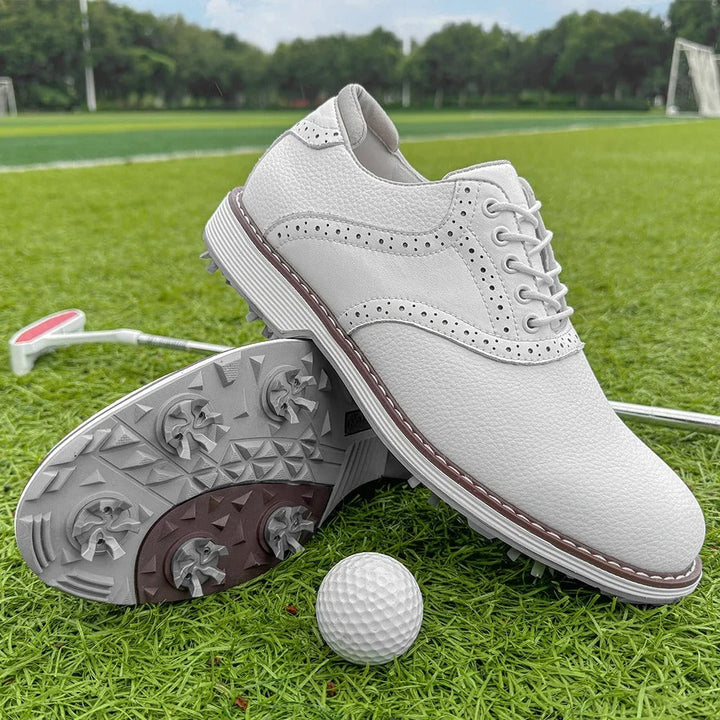 Stylish Men's Spiked Golf Brogue Shoes, black leather, perfect for athletic golfwear