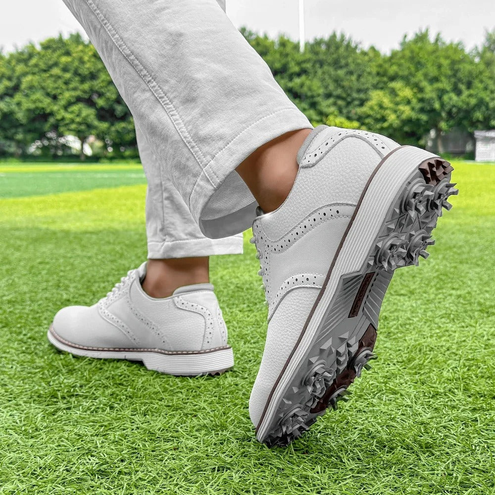 Pair of Men's Spiked Golf Brogue Shoes on golf course, ready for action