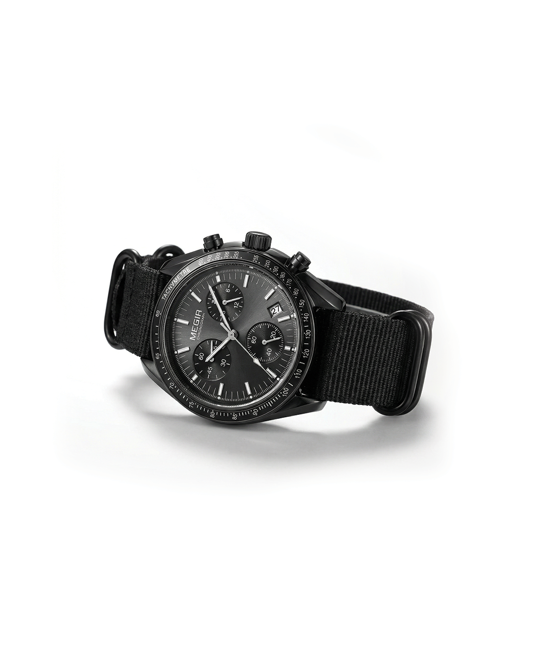 Men's Sport Chronograph Watch with durable alloy case & black nylon strap, luminous hands
