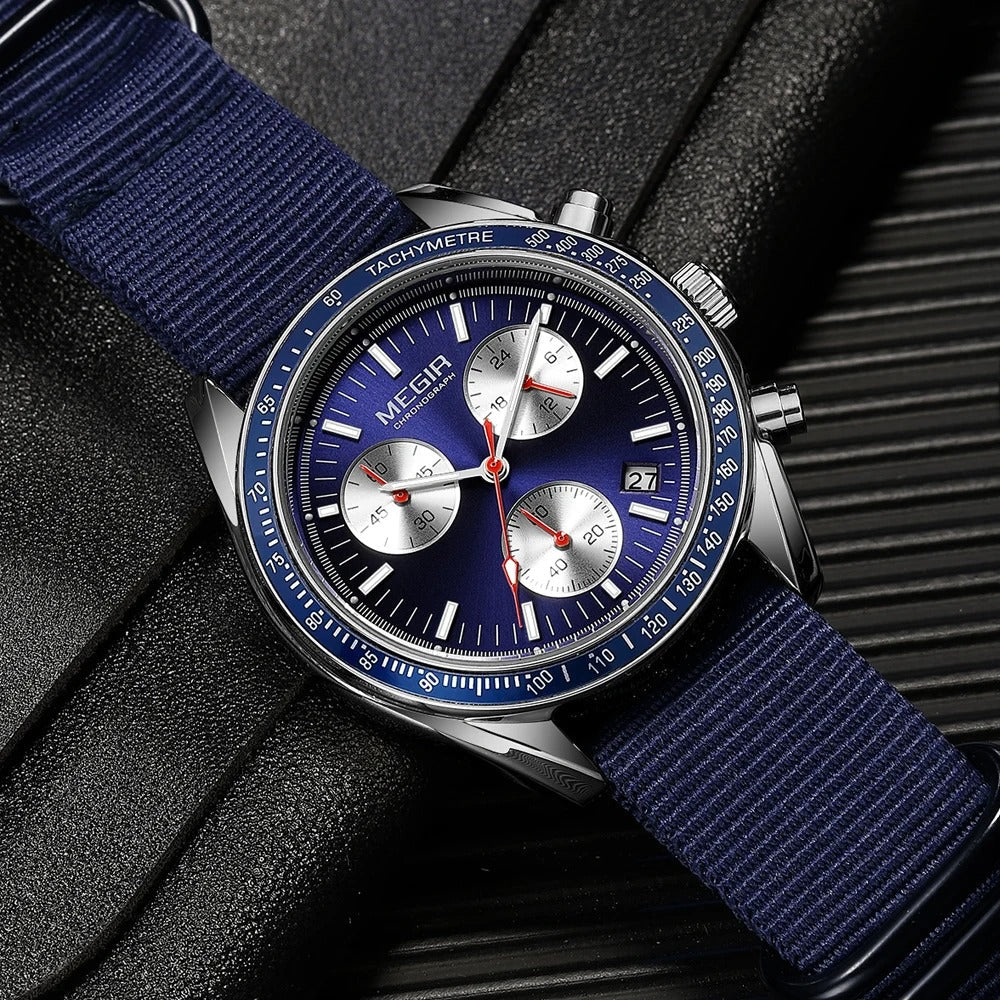Adventure-ready men's watch, chronograph, alloy case, luminous hands, and nylon band