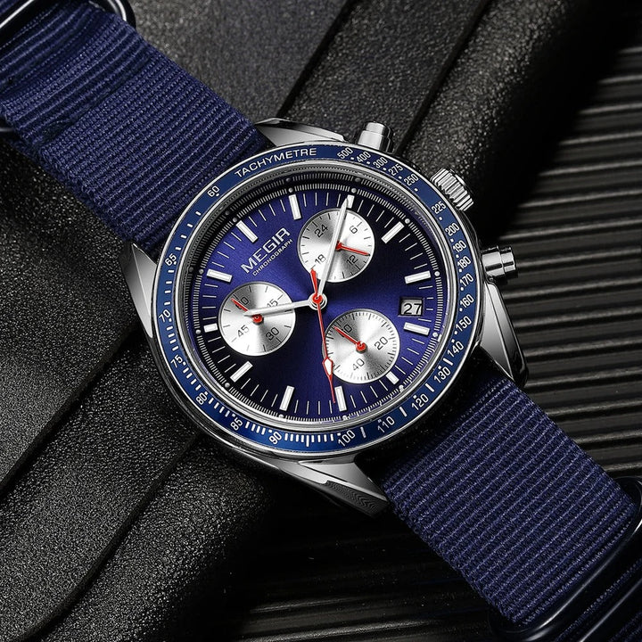 Adventure-ready men's watch, chronograph, alloy case, luminous hands, and nylon band