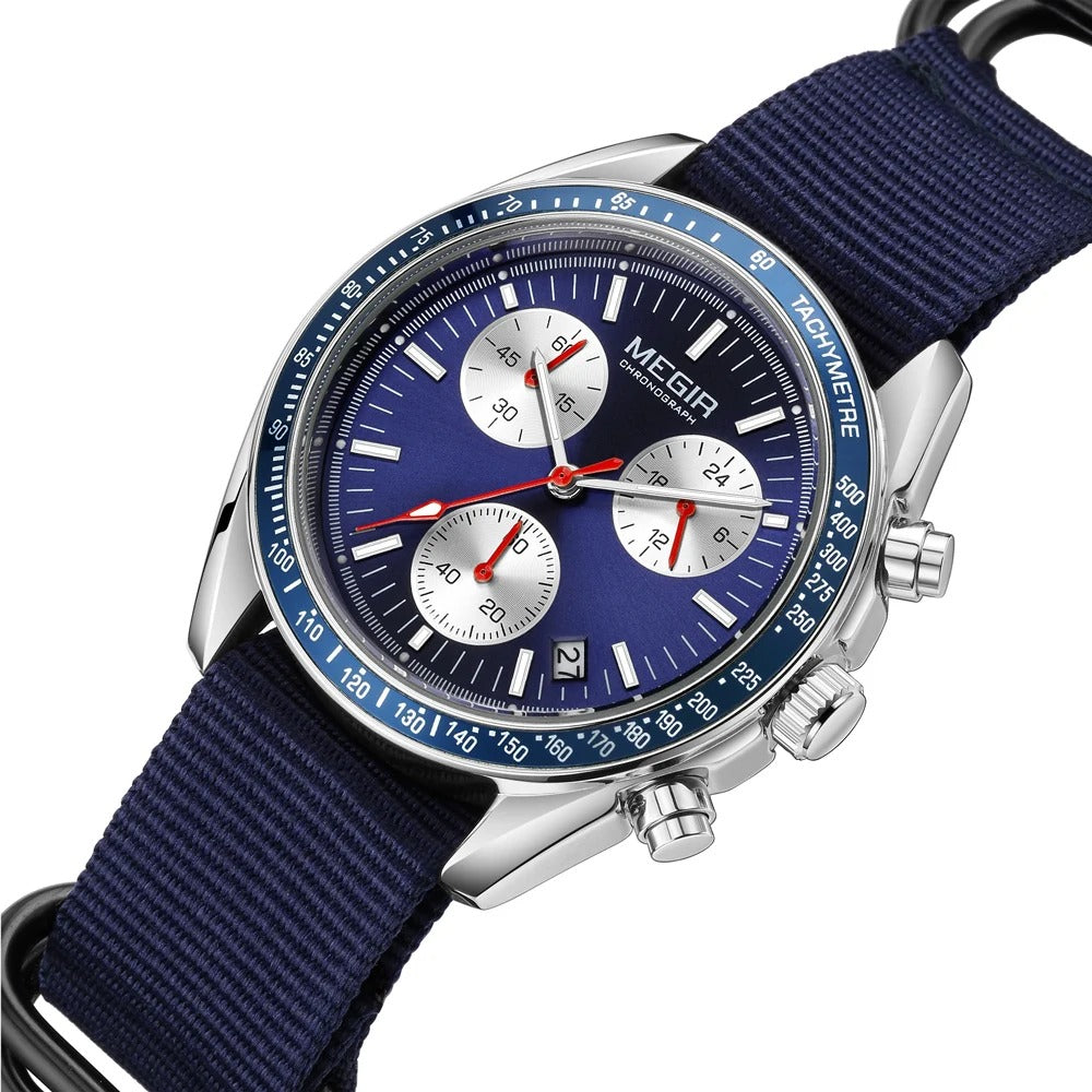 Focus on Men's Sport Chronograph Watch, robust alloy case, and high-quality nylon strap