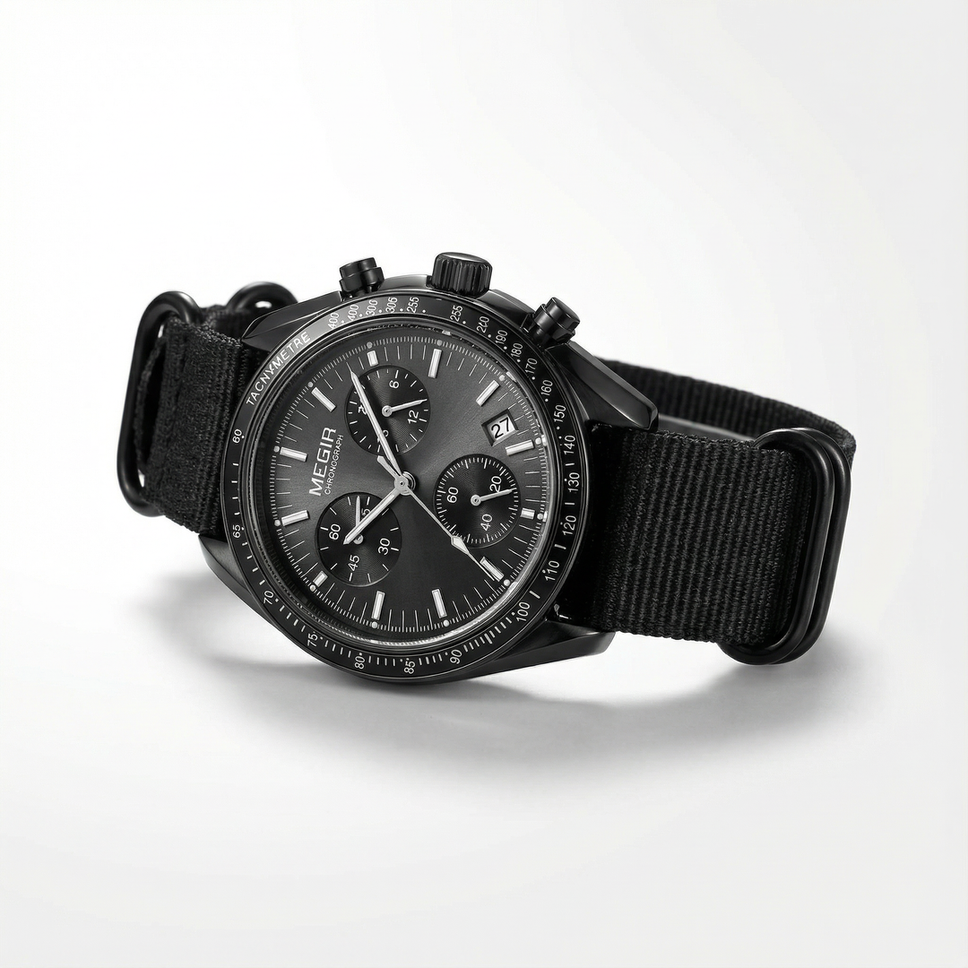 Sporty men's chronograph watch featuring a bold colored dial and comfortable nylon strap