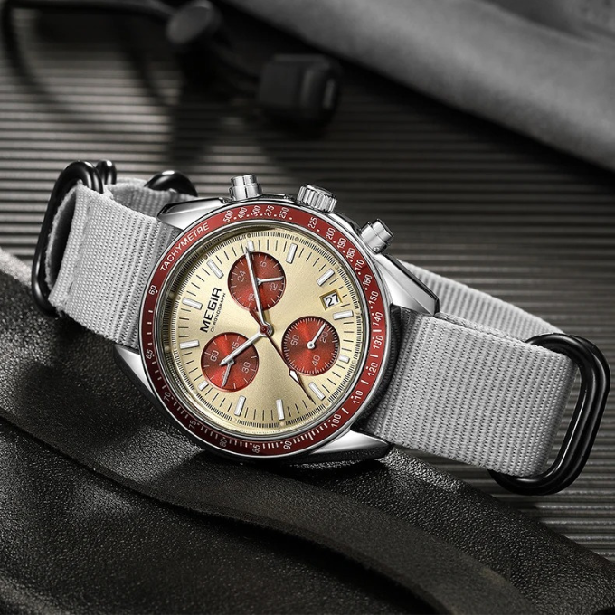 Bold men's sport watch, chronograph movement, durable alloy construction, luminous features