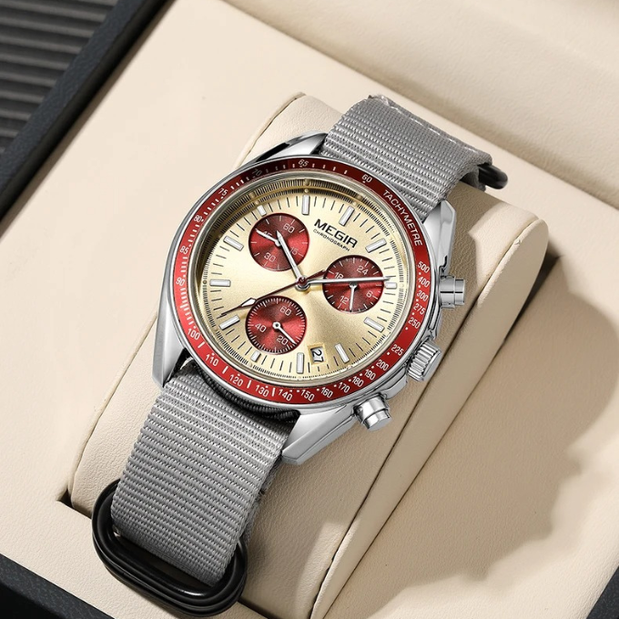 Men's casual watch, sport chronograph, alloy case, rugged nylon strap for active wear