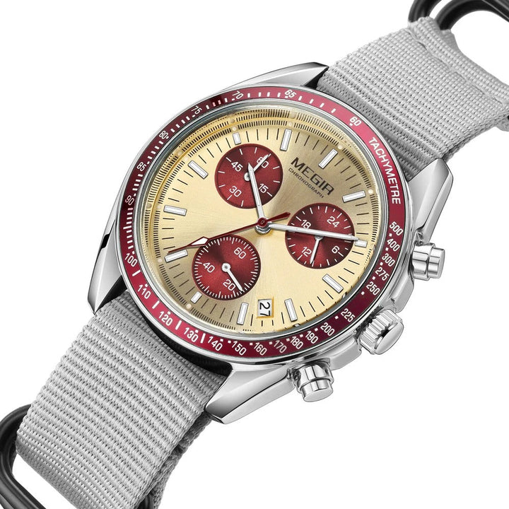 Stylish men's sport watch with chronograph functions, bold design, and a strong alloy case