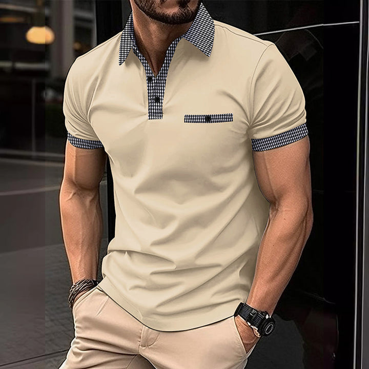 Breathable men's polo shirt, checkered pattern, short sleeve, perfect for active or casual men.