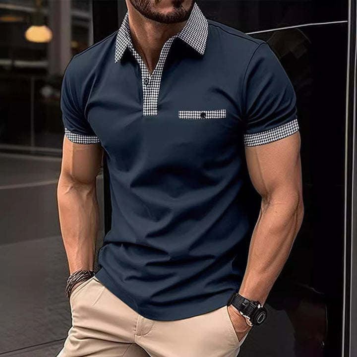Fashionable men's top, checkered short sleeve polo, perfect blend of casual & smart style.