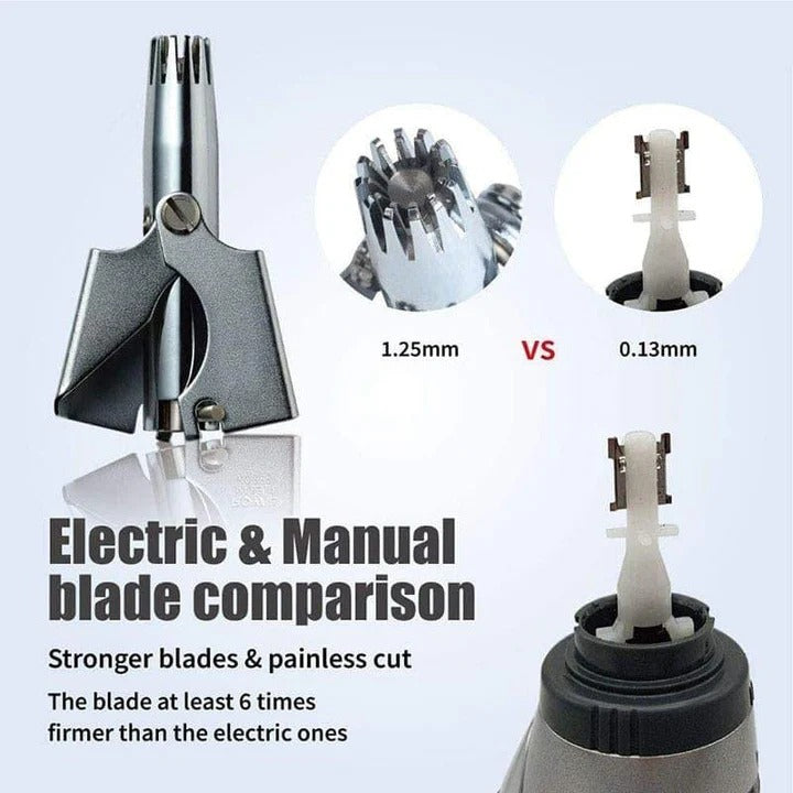 Compact stainless steel manual nose & ear hair trimmer for discreet & efficient personal care.