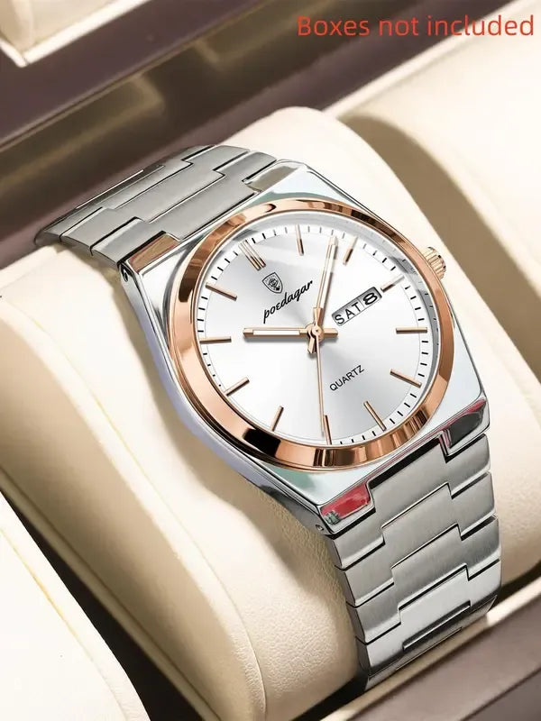 Close-up of a men's stainless steel day-date quartz watch, minimalist design, easy-to-read dial