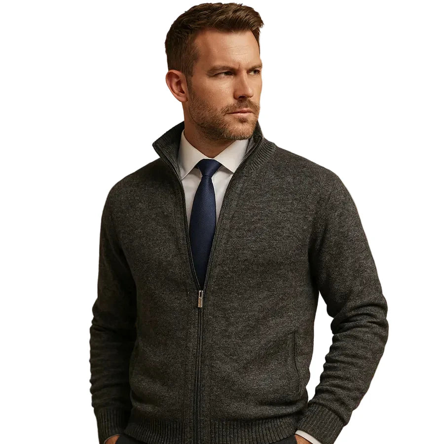 Modern men's zip cardigan with a stand collar and secure front pockets, perfect for casual style.