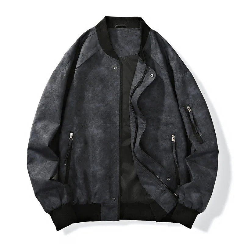 Front view of a men's stonewash canvas bomber jacket with ribbed cuffs, ideal for casual wear