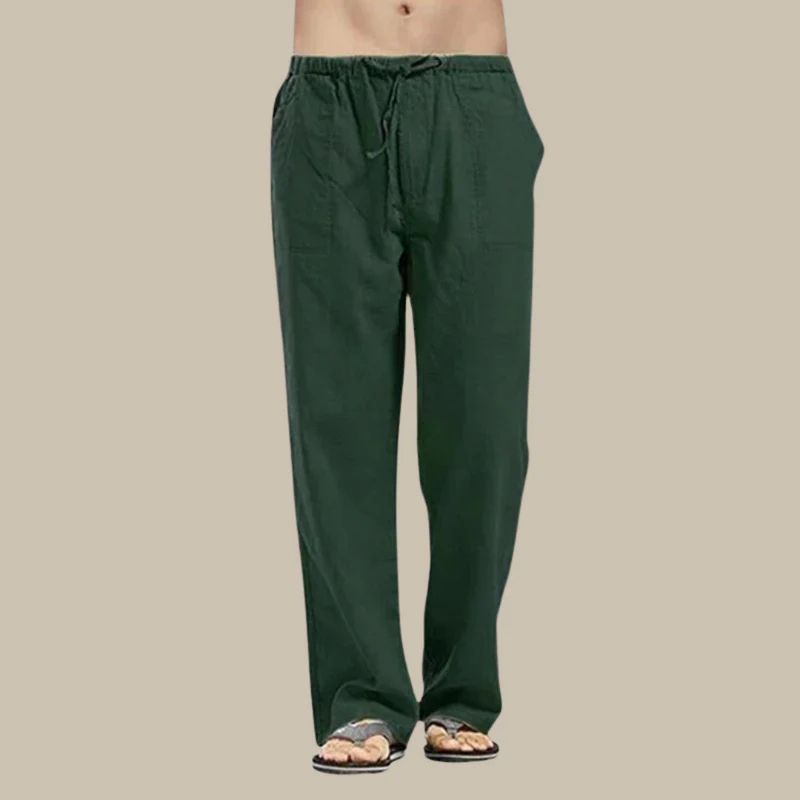 Straight-cut men's summer pants, drawstring waist for comfort, relaxed fit, ideal for warm weather fashion.