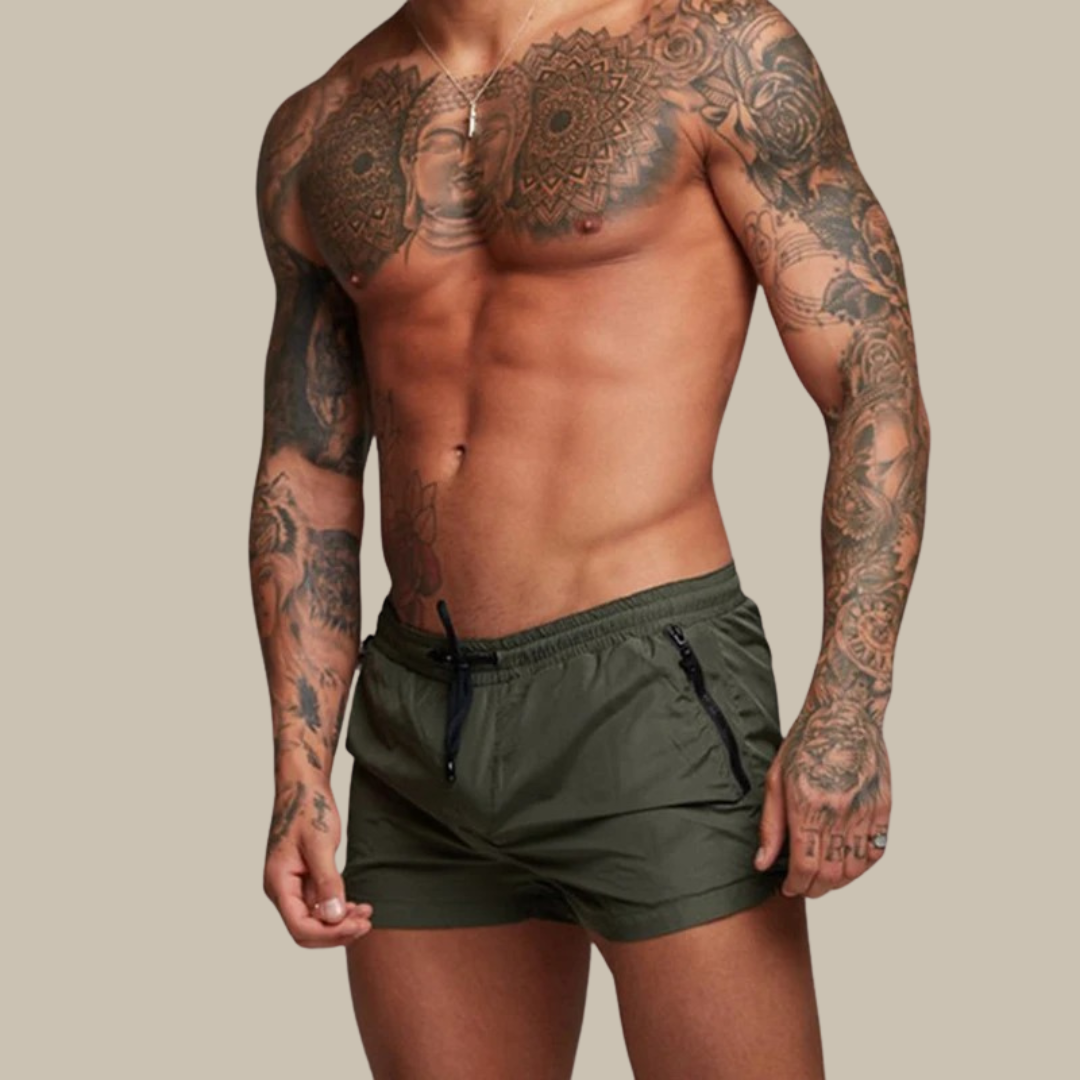 Durable men's swimwear: quick-dry, stretch swim trunks with an adjustable drawstring for beach or pool.