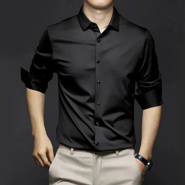 Men's stretch slim fit dress shirt in white, perfect for formal wear or business casual attire.