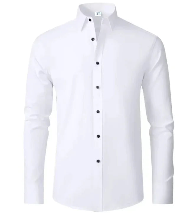 Man wearing a dark blue stretch wrinkle-free dress shirt, showcasing its comfortable fit for formal occasions