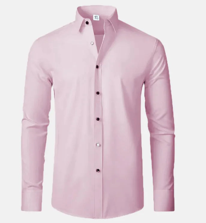 Detail of the collar and buttons on a men's long sleeve stretch wrinkle-free dress shirt in a classic white