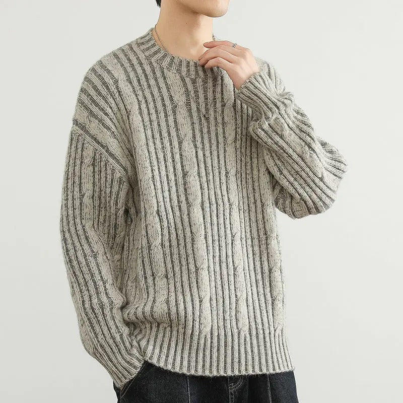 Men's striped cable knit crewneck sweater in wool blend, perfect for casual winter wear.