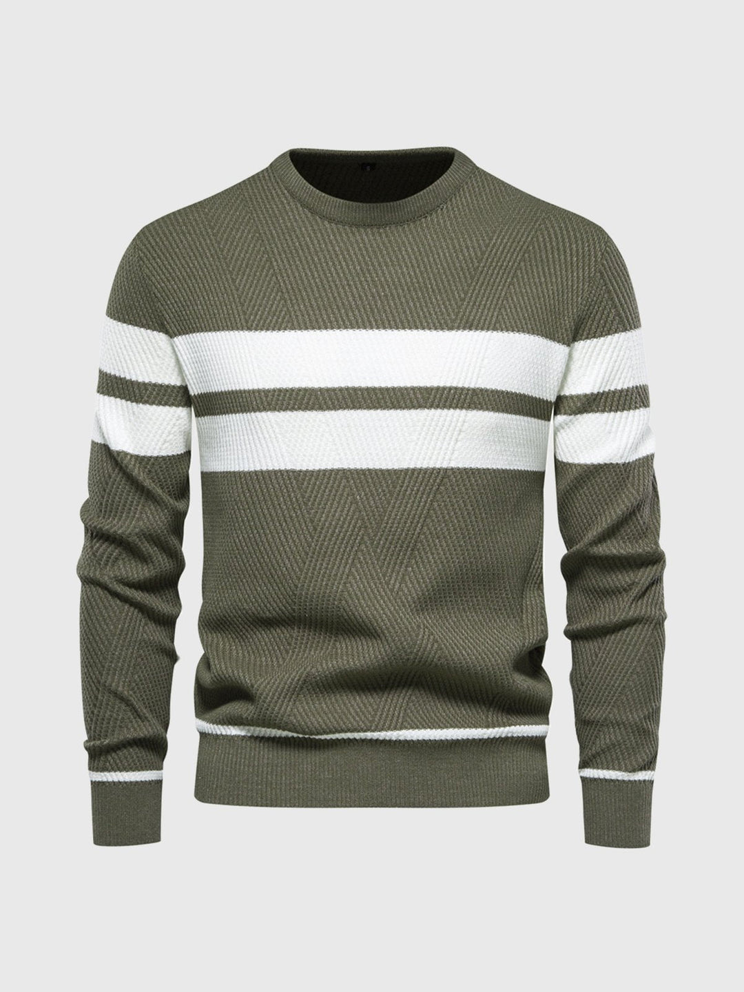 Detail shot of the crewneck collar on a men's striped cotton blend sweater.