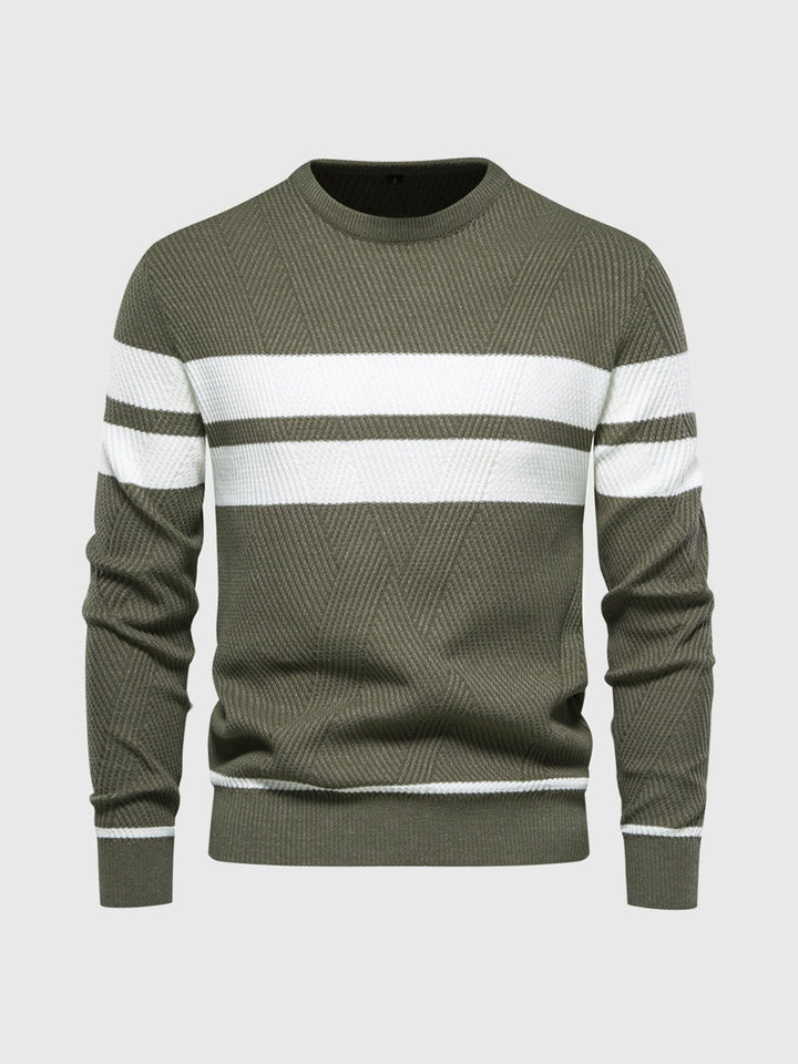 Detail shot of the crewneck collar on a men's striped cotton blend sweater.