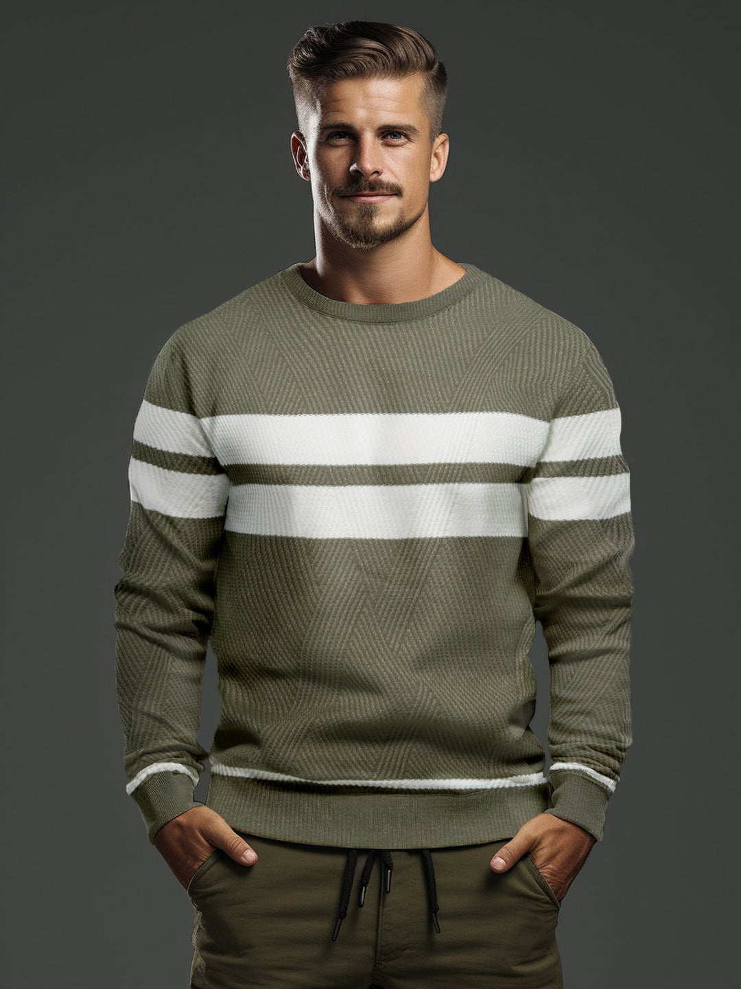 Full view of a men's striped cotton blend sweater, emphasizing its comfortable fit.