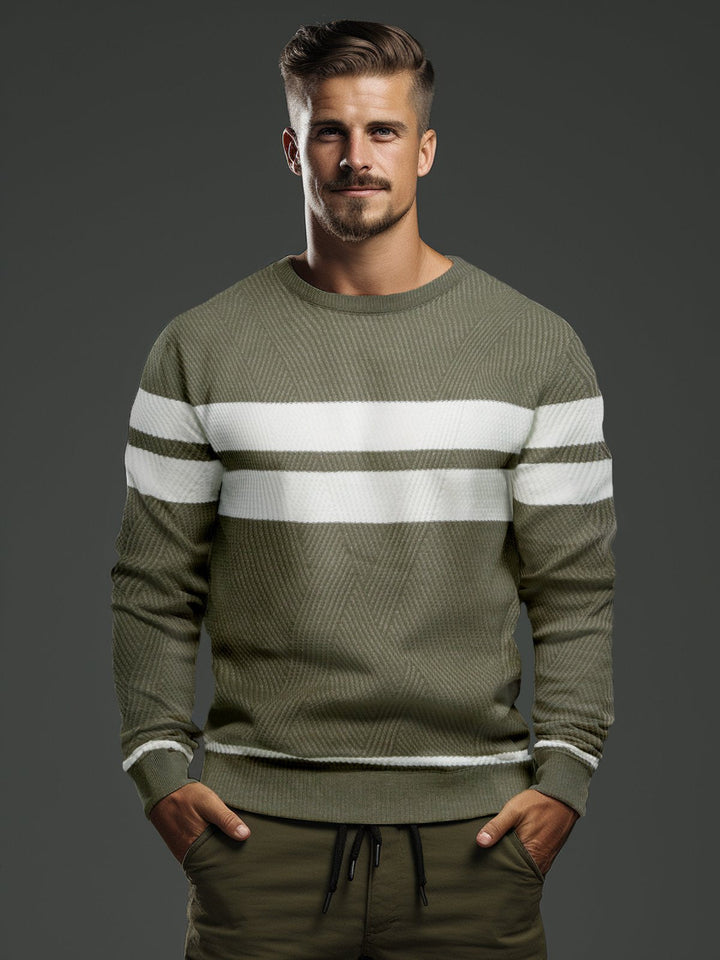 Full view of a men's striped cotton blend sweater, emphasizing its comfortable fit.