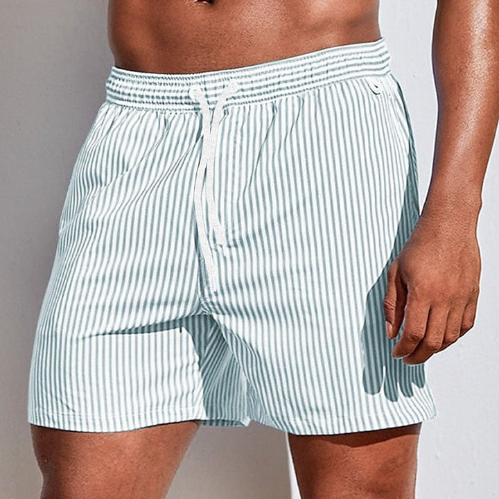 Stylish men's striped swimwear shorts. Ideal for summer beach vacations, pool days, or casual wear.