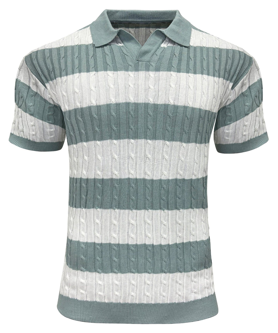 Close-up of a men's polyester knit polo shirt with stylish stripes, ideal for summer outfits