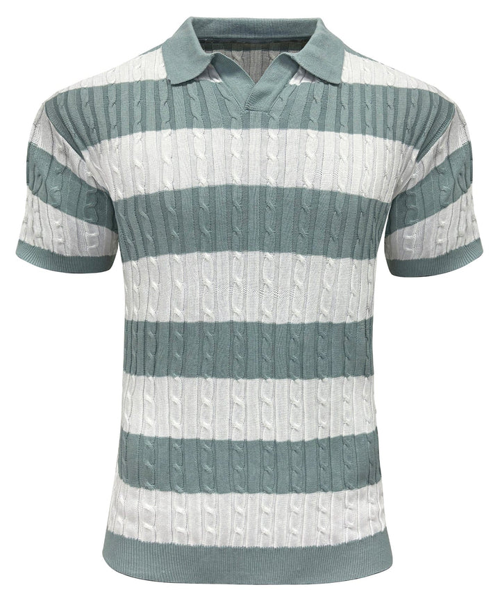 Close-up of a men's polyester knit polo shirt with stylish stripes, ideal for summer outfits