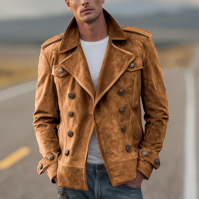 Trendy pink men's structured double-breasted coat. Fashionable outerwear for versatile all-season style.