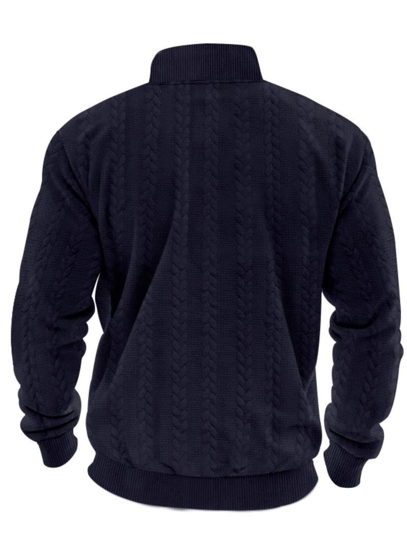 Close-up of the knit texture on the men's structured half-zip pullover, perfect for fall and winter fashion