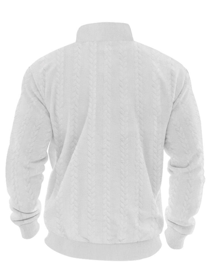 Model wearing a black structured half-zip pullover, demonstrating its fit and casual wear appeal