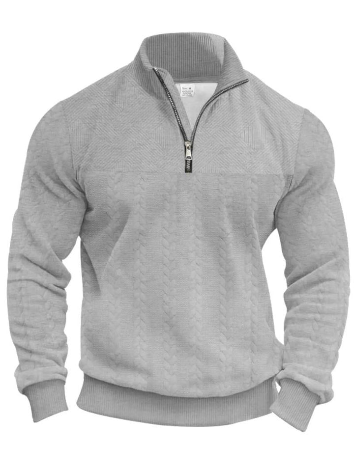Front view of the men's cotton blend half-zip pullover, showcasing its structured and contemporary design