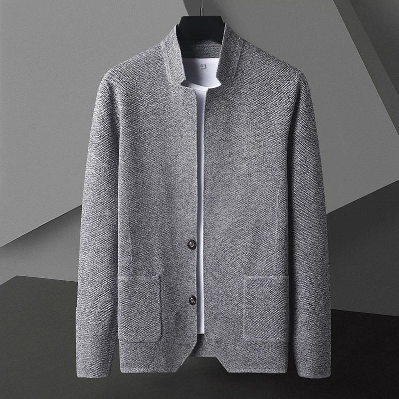 Men's structured knit jacket in gray with stand collar & button front, modern casual outerwear