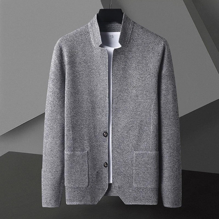 Men's structured knit jacket in gray with stand collar & button front, modern casual outerwear