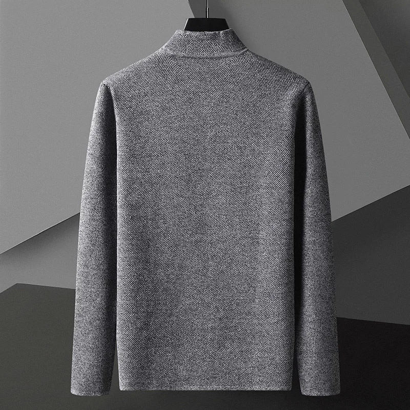 Three men's structured knit jackets in gray, khaki, and black, lined up, casual & modern